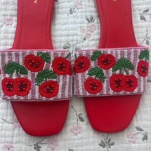 Anthropologie Red Beaded Cherry Slide Sandals